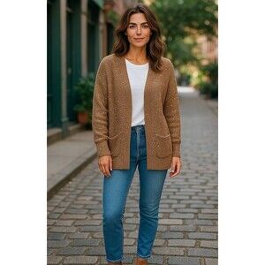 J Jill Open Cardigan Women Medium‎ Long Sleeve Tan Sequins Wool Blend Pockets